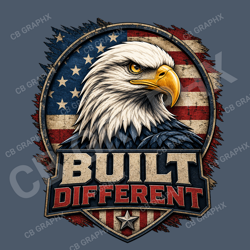 Custom Ready To Press DTF Distressed American Flag & Eagle Built Different Logo Transfer