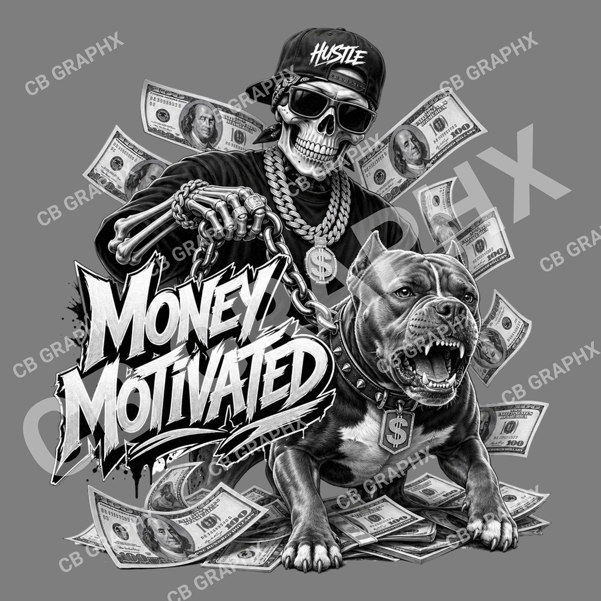 Custom Ready To Press DTF Money Motivated Black & White Transfer
