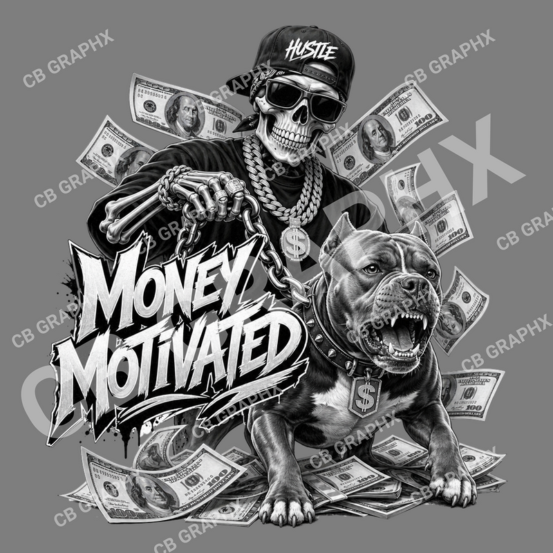 Custom Ready To Press DTF Money Motivated Black & White Transfer